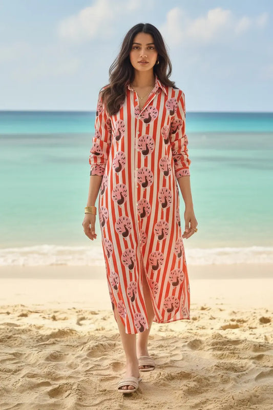 Abstract Peacock Print Shirt Dress