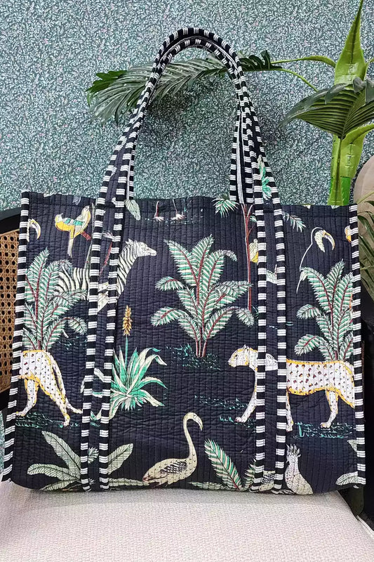 Black Jungle Safari Cotton Quilted Tote Bag