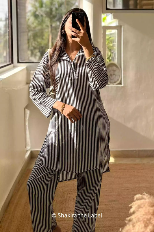 Black & White Stripe Coord Set, Cotton Coord Set, Stripe Shirt Set