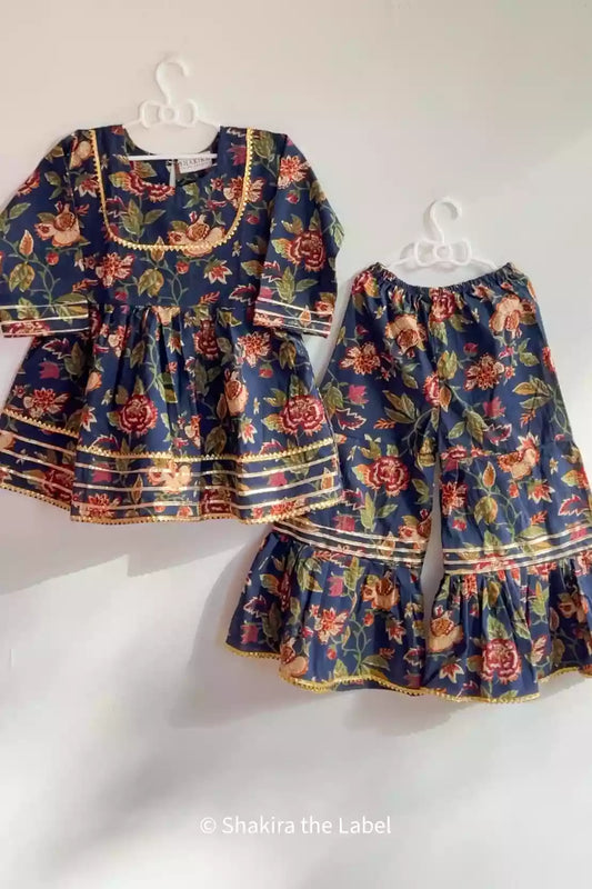 Kids Festive Wear, Mughal Butta Sharara Set, Cotton Handblock Print, Kids Wear, Suit Set