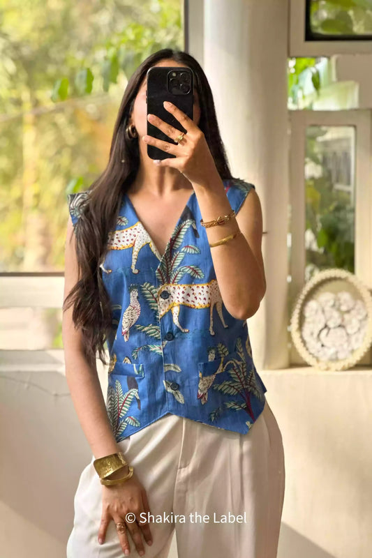 waistcoat, vest coat, jungle print, jungle safari. cotton shirt