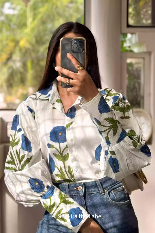 Red Poppy Statement Shirt, Statement Sleeves, Puff Slevees, Cotton Shirt