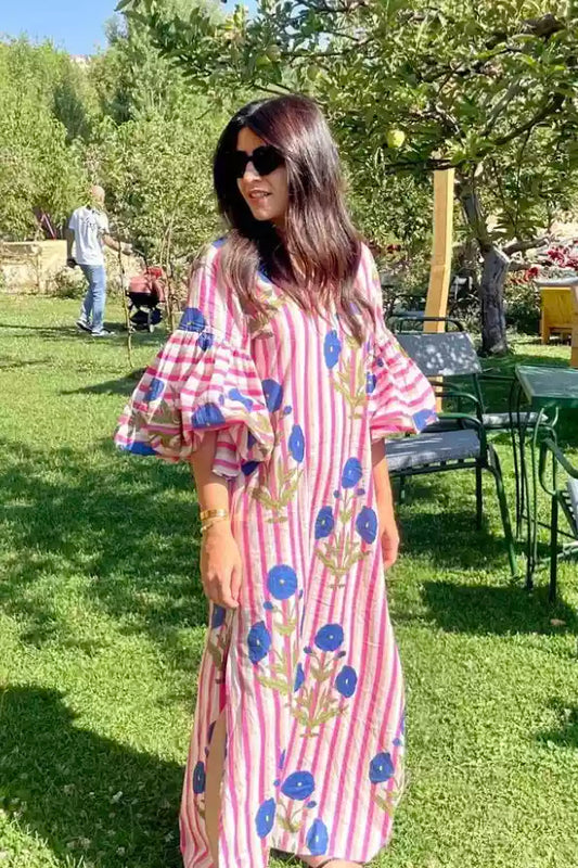 maxi dress, statement Sleeves, poppy print, cotton maxi