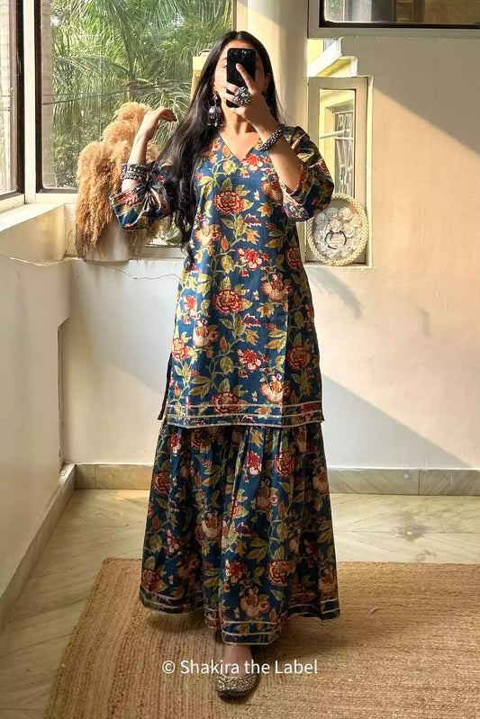 Blue Floral print Sharara Set