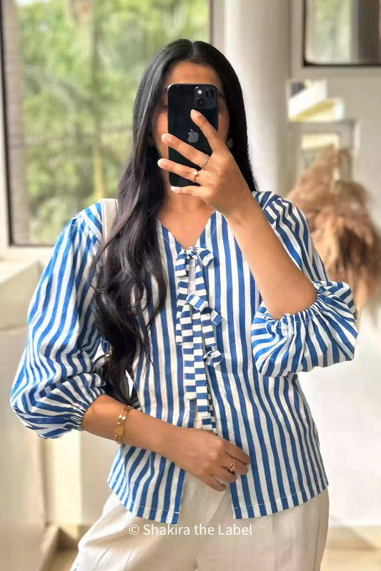 Blue Strip Bow Tie Top