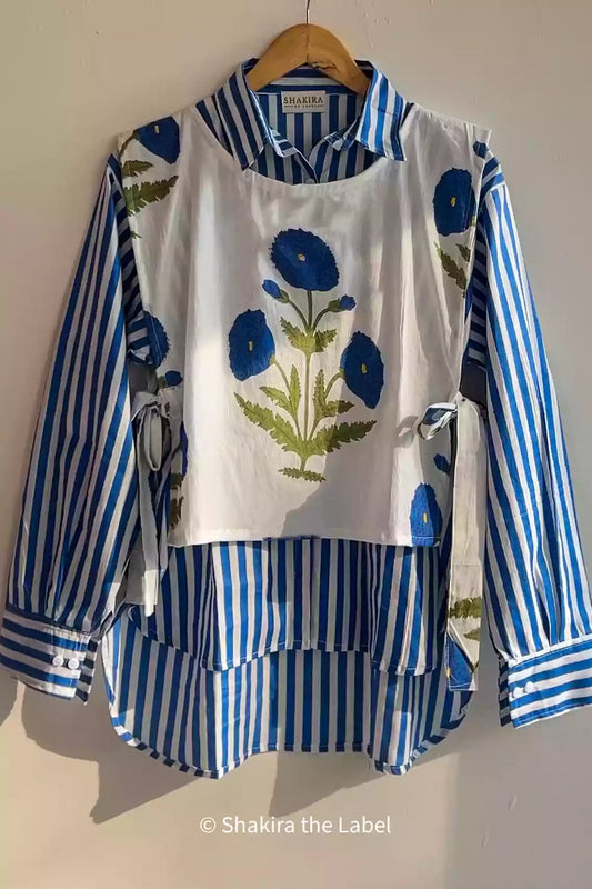 Blue Mughal Shirt & Waistcoat, Stripe Shirt, Cotton Shirt