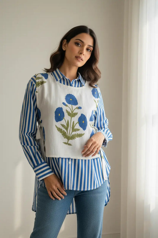 Blue Mughal Shirt & Waistcoat Set