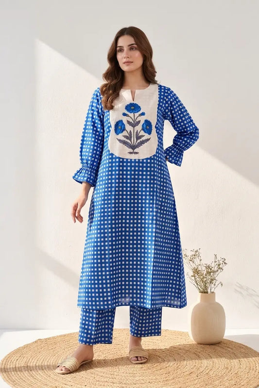 Mughal Butta Checkered Co-ord Set - Blue