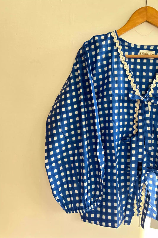 Blue Gingham Checks Bow Tie Top