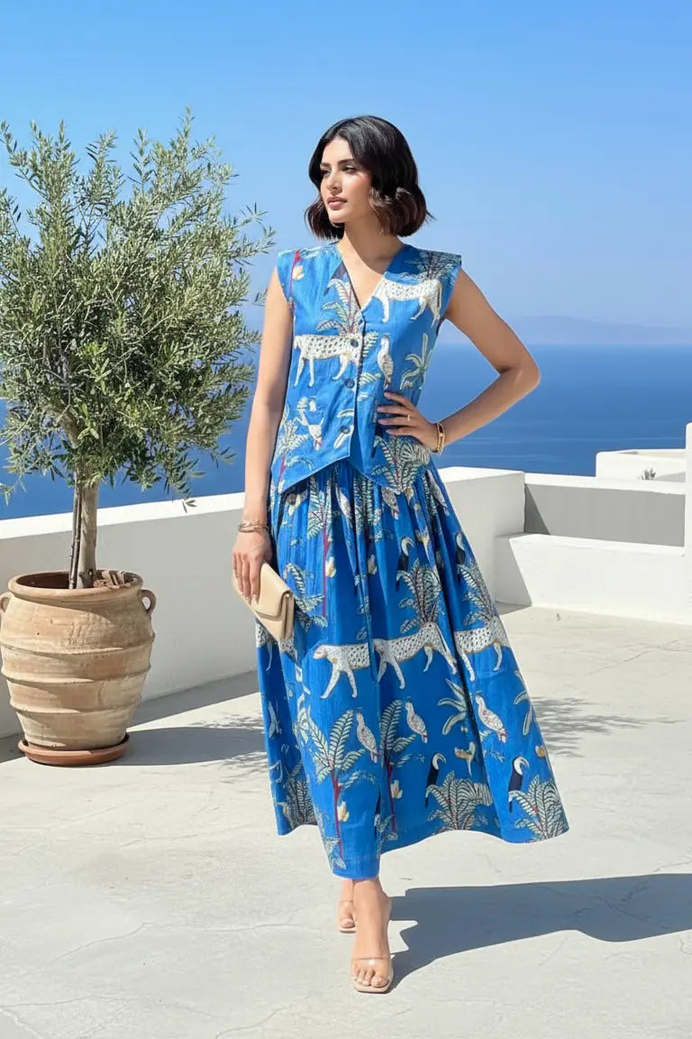 Blue Jungle Safari Skirt Waistcoat – Cotton Co-ord Set Shakira