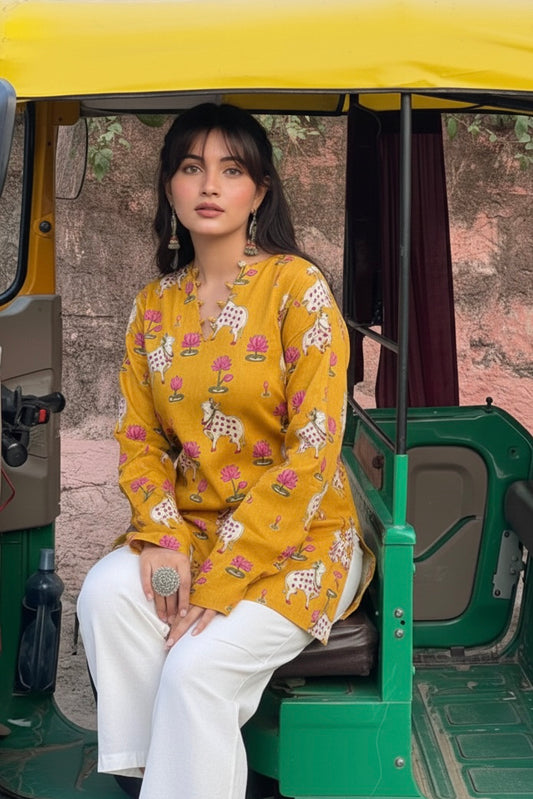 Pichwai Heritage Kurti - Mustard