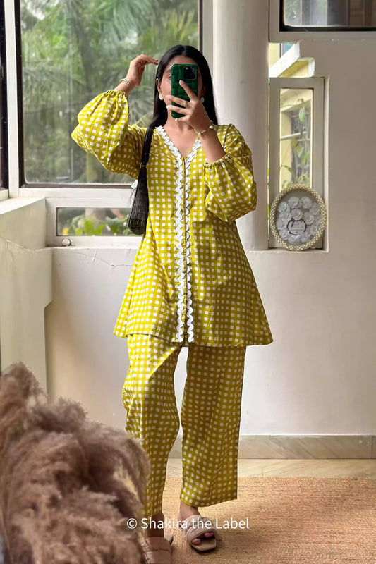 Gingham Checks Coord Set, Checks Shirt, Coord Set, Cotton Set, Ric Rac Lace Coord Set