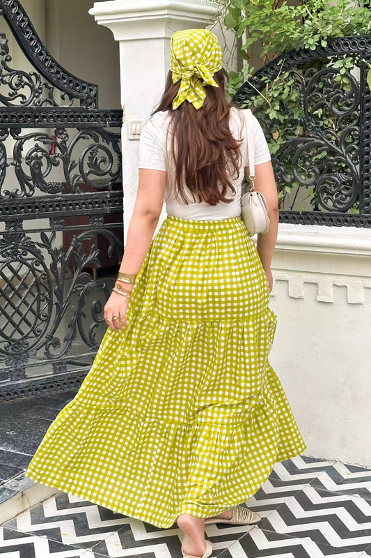 plaid cotton skirt for summer, green check skirt women, Green gingham check cotton skirt