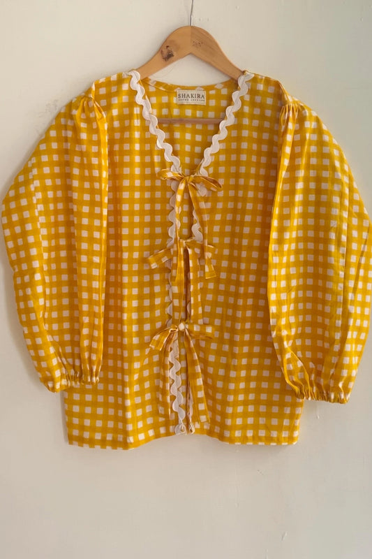 yellow checks top, bow tie top