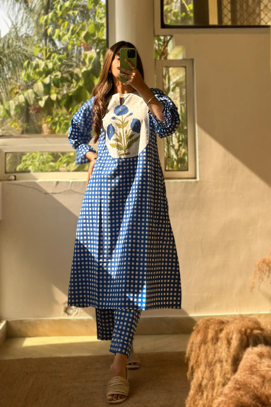 Mughal Butta Checkered Co-ord Set - Blue