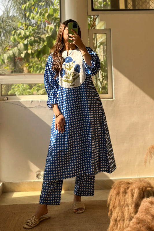Mughal Butta Checkered Co-ord Set - Blue