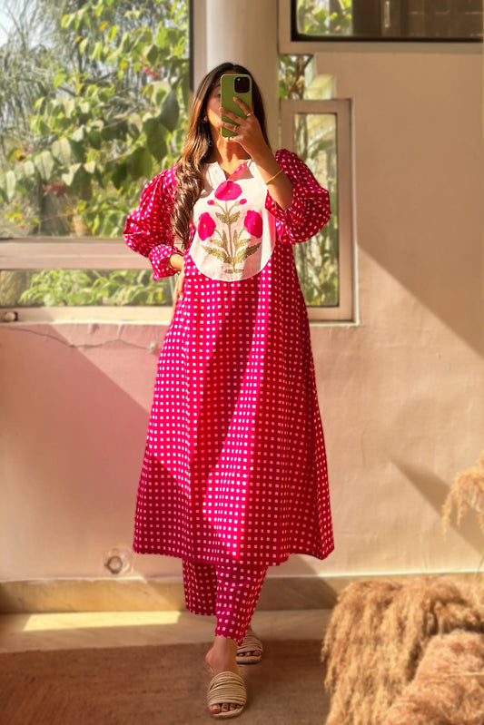 Mughal Butta Checkered Co-ord Set - Pink