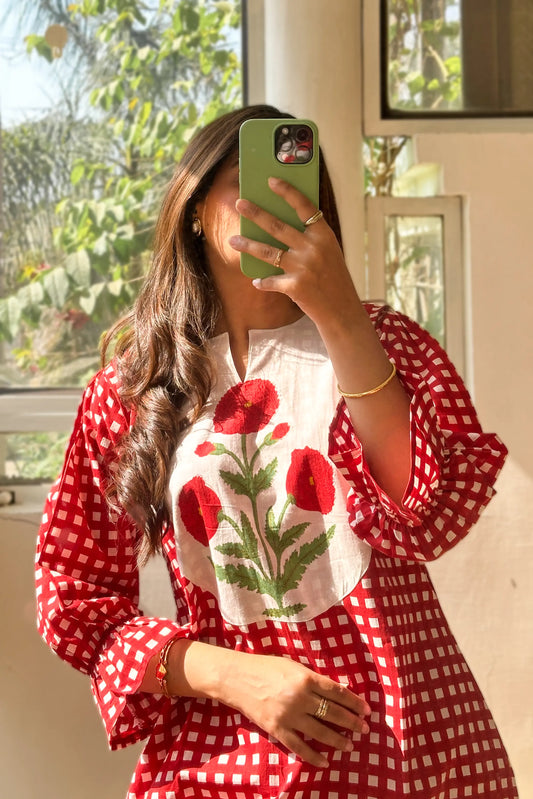 Mughal Butta Checkered Co-ord Set - Red