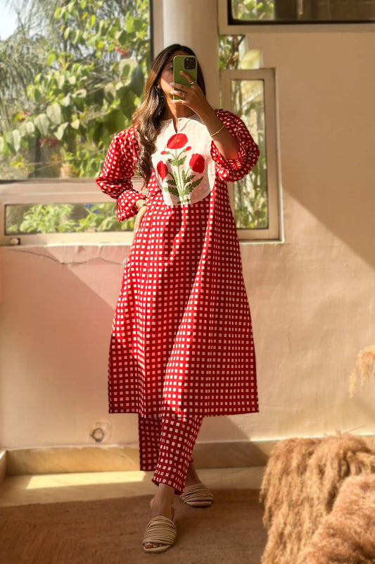 Mughal Butta Checkered Co-ord Set - Red