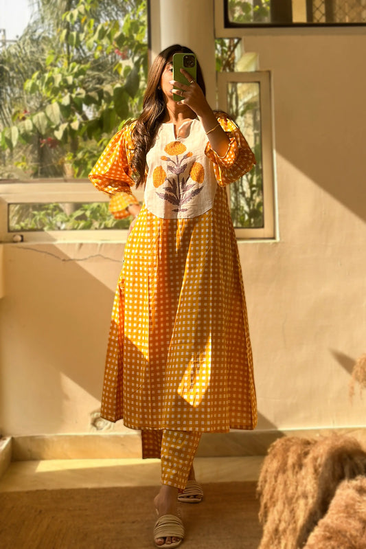 Mughal Butta Checkered Co-ord Set - Yellow