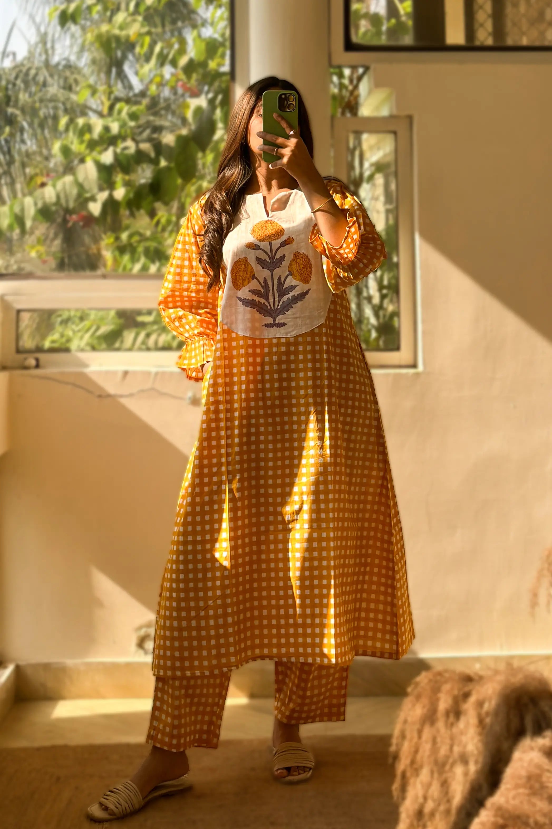 Mughal Butta Checkered Co-ord Set - Yellow