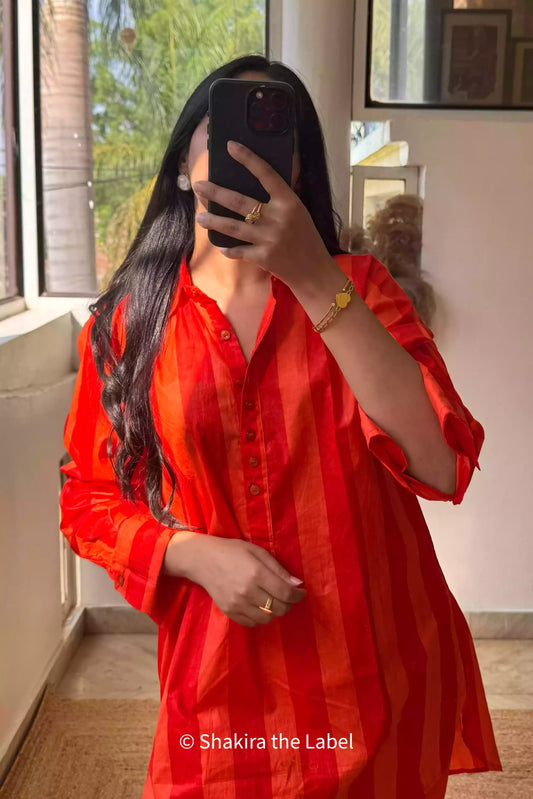 Orange Stripe Cotton Kurta Shirt