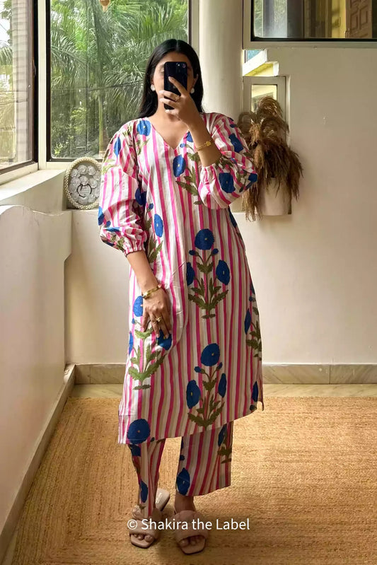 Pink & Blue Poppy Kurta Coord Set, cotton coord set