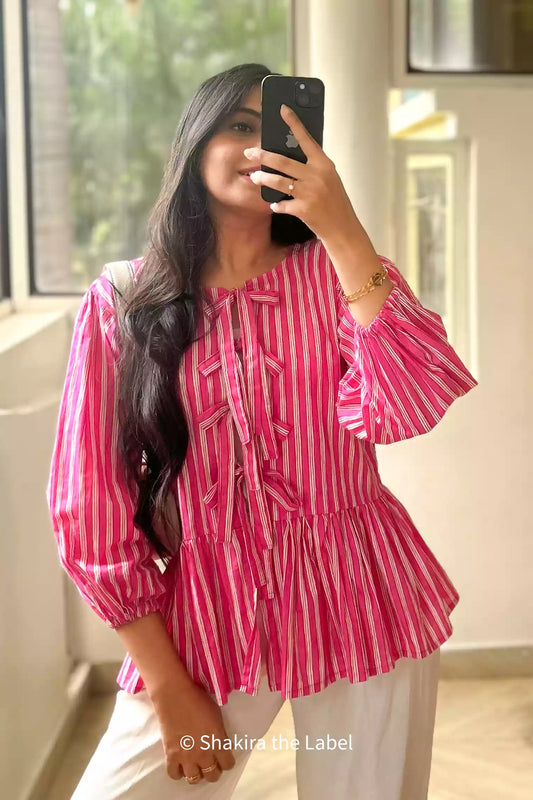 Pink Bow Tie-Up Peplum Top