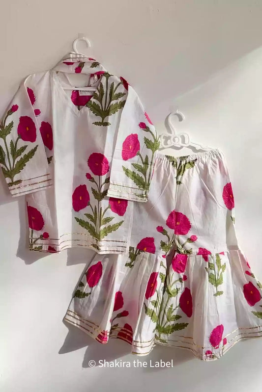 Kids Festive Wear, Mughal Butta Sharara Set, Cotton Handblock Print, Kids Wear, Suit Set