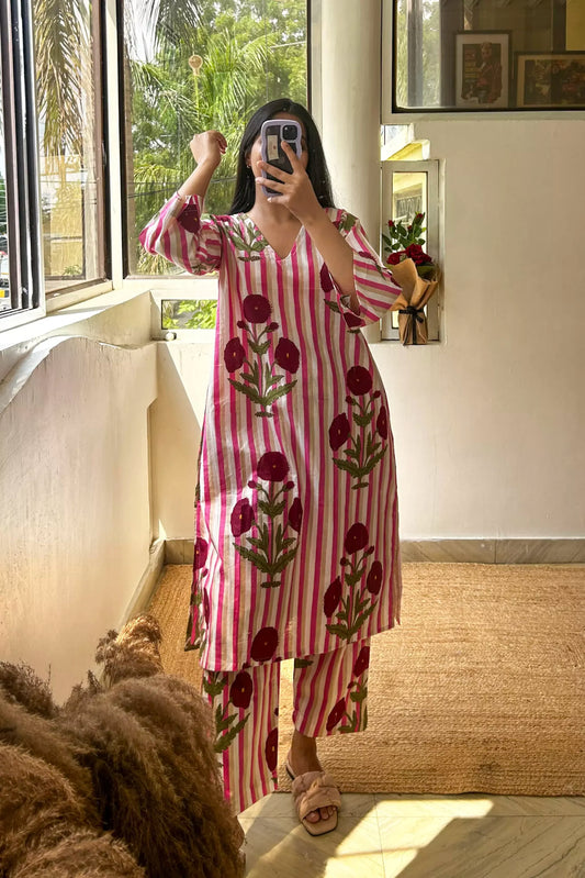 Pink Poppy Print Kurta Coord Set
