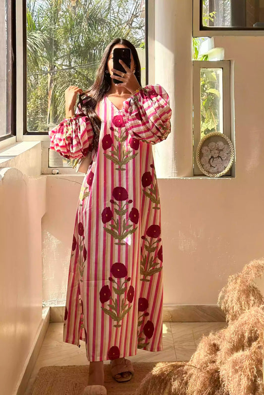 maxi dress, statement Sleeves, poppy print, cotton maxi