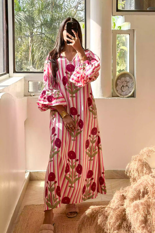 maxi dress, statement Sleeves, poppy print, cotton maxi