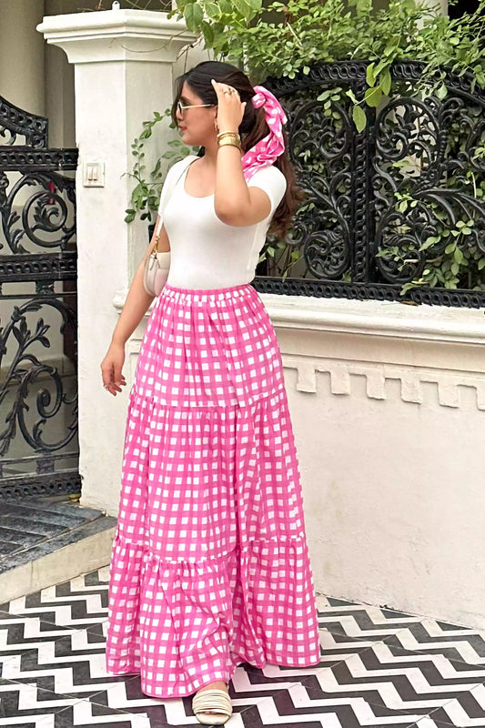 Boho-style pink check midi skirt, Soft pink checked skirt, Boho-style pink check skirt, pink gingham cotton skirt