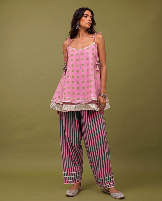 Pink & Mint Polka Tie-Up Top & Farshi Salwar Set