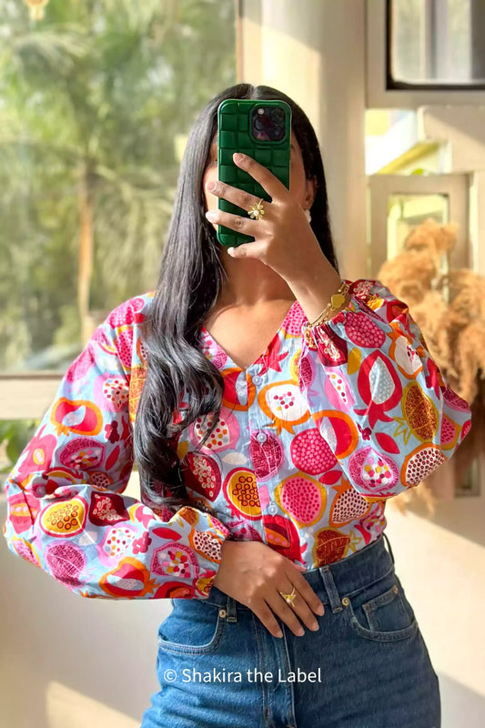 Printed Cotton Shirt with Balloon Sleeves