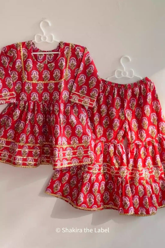Kids Festive Wear, Mughal Butta Sharara Set, Cotton Handblock Print, Kids Wear, Suit Set