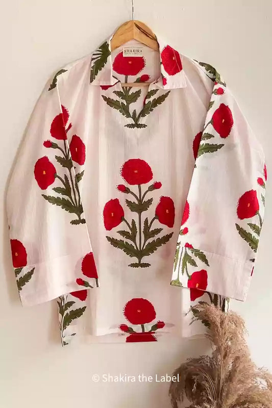 Red Mughal Butta Cotton Short Kurta Shirt