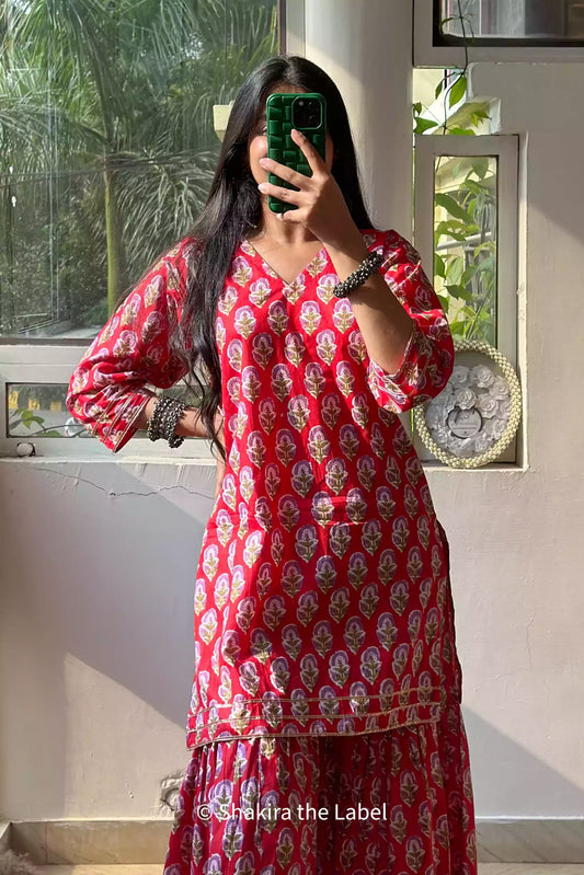 Red Dainty Floral Motif Sharara (Set of 2)