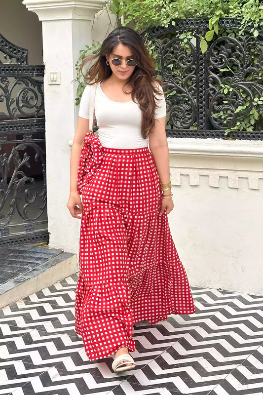 Bohemian red gingham print cotton skirt, Red gingham cotton long skirt