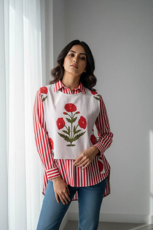 Red Mughal Shirt & Waistcoat Set