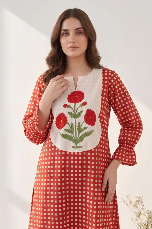 Mughal Butta Checkered Co-ord Set - Red