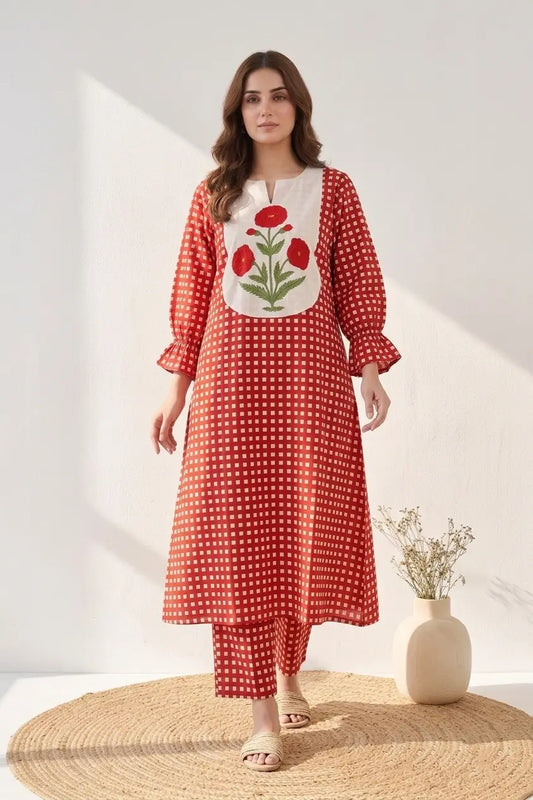 Mughal Butta Checkered Co-ord Set - Red