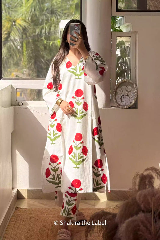 Red Mughal Poppy Kurta set