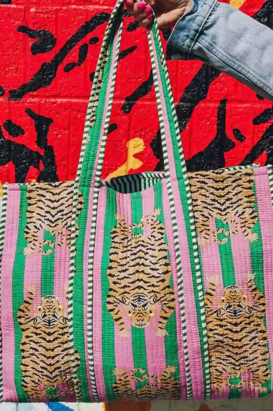 Sleeping Tiger Print Quilted Cotton Tote Bag