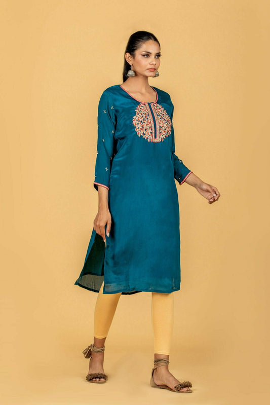 Teal Blue Chinon Handwork Kurti