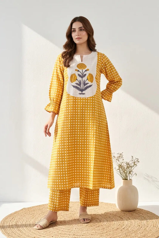 Mughal Butta Checkered Co-ord Set - Yellow