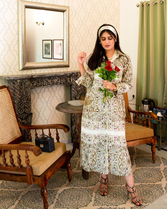 Mughal Floral Print Button Down Shirt Tunic