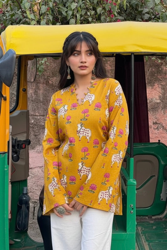 Pichwai Heritage Kurti - Mustard