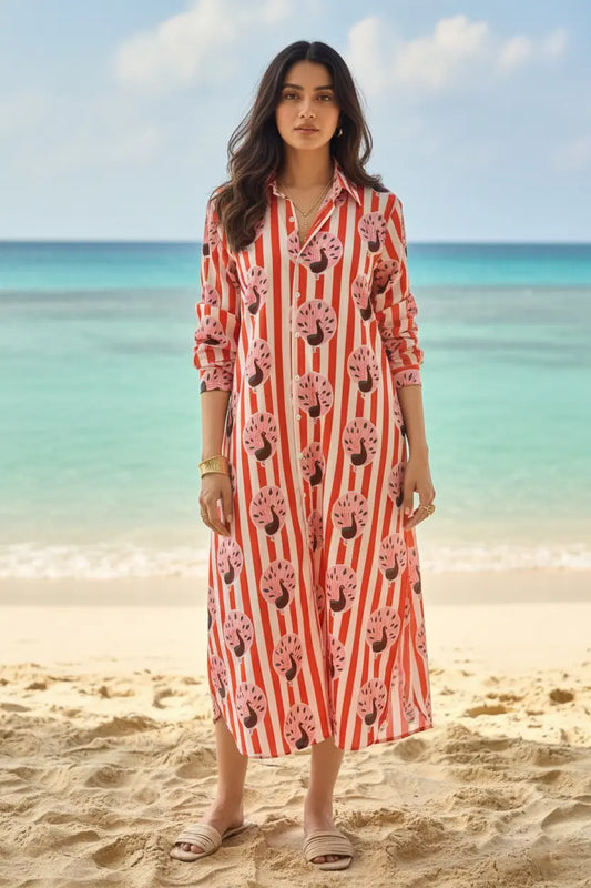 Abstract Peacock Print Shirt Dress