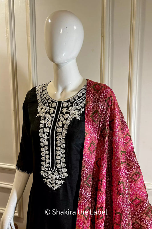 Black Handwork Suit Set with Bandhni Duppata